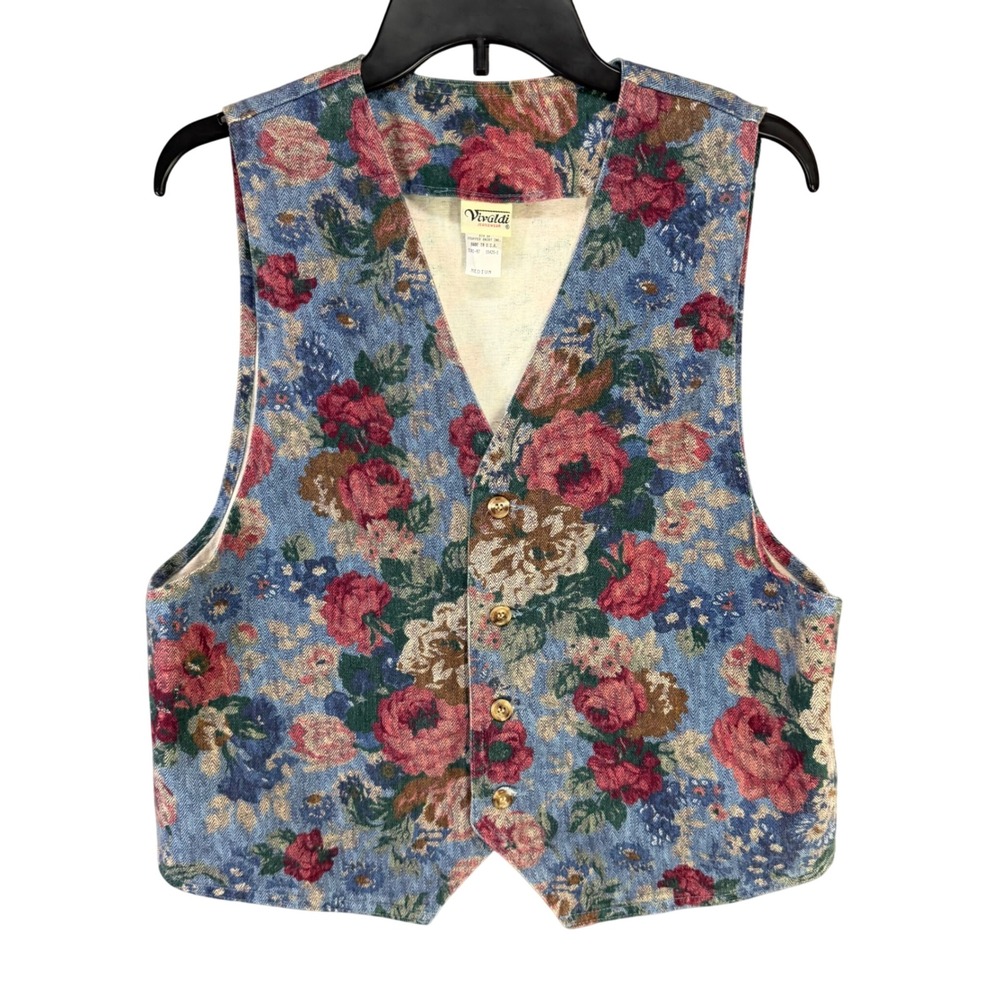 Vintage Vivaldi Jeanswear Denim‎ Vest M Blue Floral Shabby Chic Boho Cottage USA